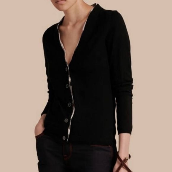 Burberry Checked-Trim Nova Merino Wool Cardigan Black Size Small - Picture 3 of 14